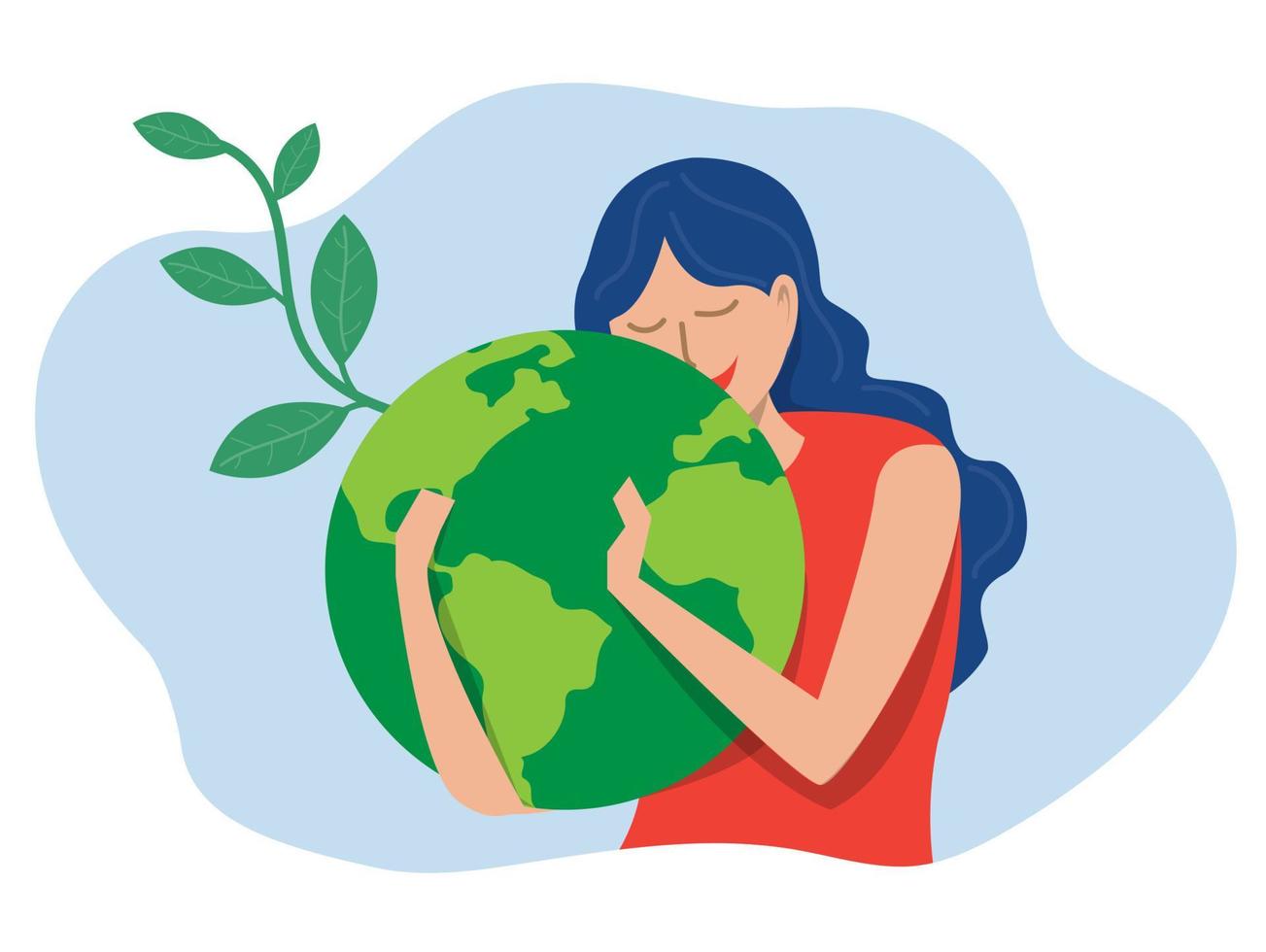 energia eco verde do dia mundial da terra, jovem mulher abraçando o planeta terra com o dia mundial da terra e salve o conceito do planeta de conservação, proteção e consumo razoável de recursos naturais. vetor