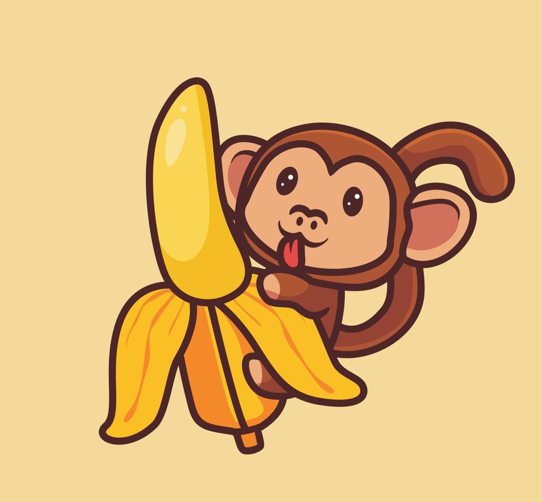 macaco faminto bonito quer comer banana gigante. ilustração de natureza animal dos desenhos animados isolado. estilo plano adequado para vetor de logotipo premium de design de ícone de adesivo. personagem mascote