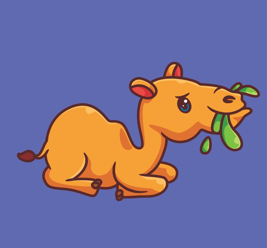 camelo fofo comendo grama sentado. ilustração animal dos desenhos animados isolado. vetor de logotipo premium de design de ícone de adesivo de estilo simples. personagem mascote
