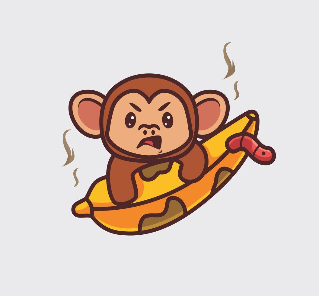 macaco bonito triste, sua banana podre por verme. ilustração de natureza animal dos desenhos animados isolado. estilo plano adequado para vetor de logotipo premium de design de ícone de adesivo. personagem mascote