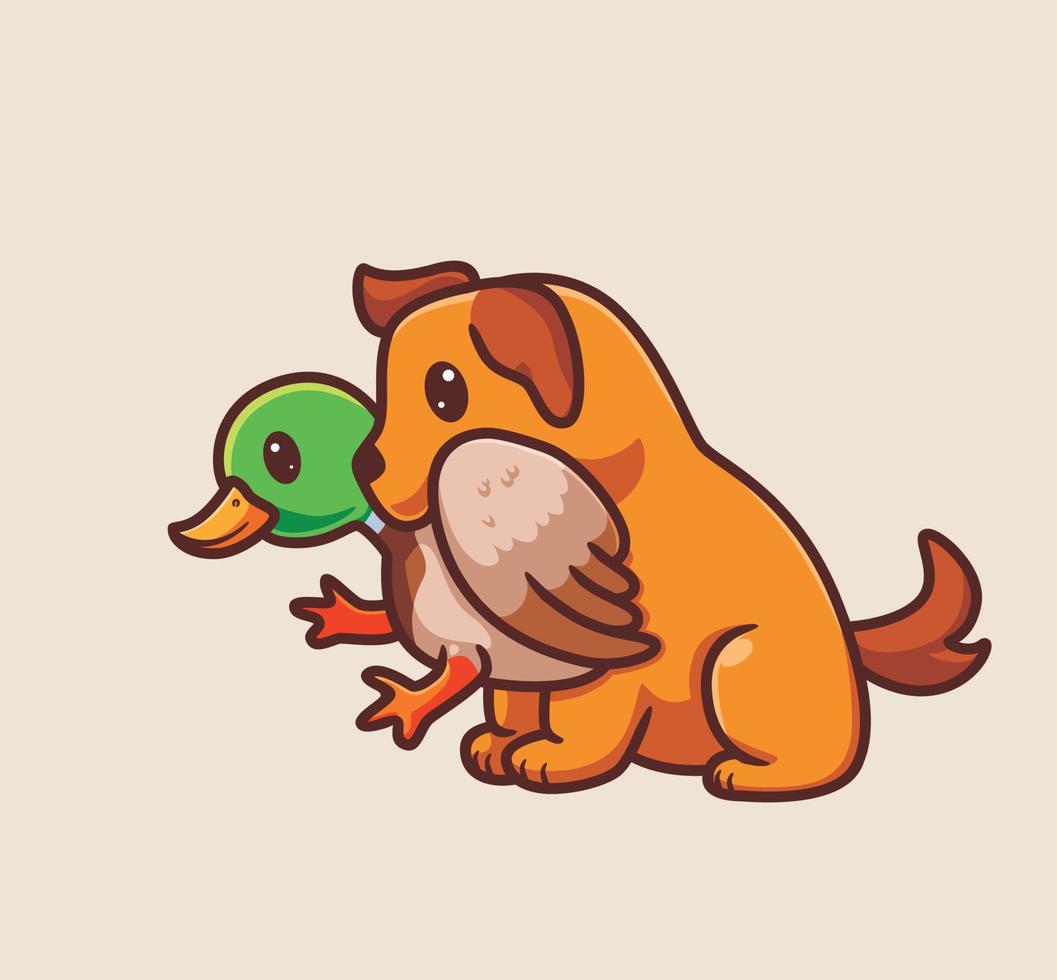 cachorro bonito pegar um pato verde. ilustração de natureza animal dos desenhos animados isolado. vetor de logotipo premium de design de ícone de adesivo de estilo simples. personagem mascote