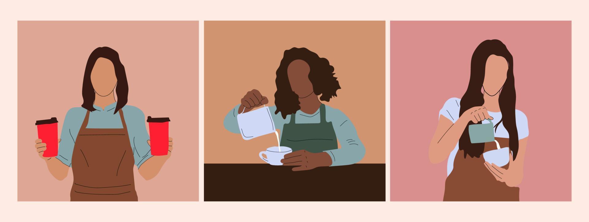 conjunto de vetores desenhados à mão. ilustrações isoladas quadradas mulheres garçonete ou barista. mulher sorridente de avental preto segurando xícaras de café ilustração vetorial isolada