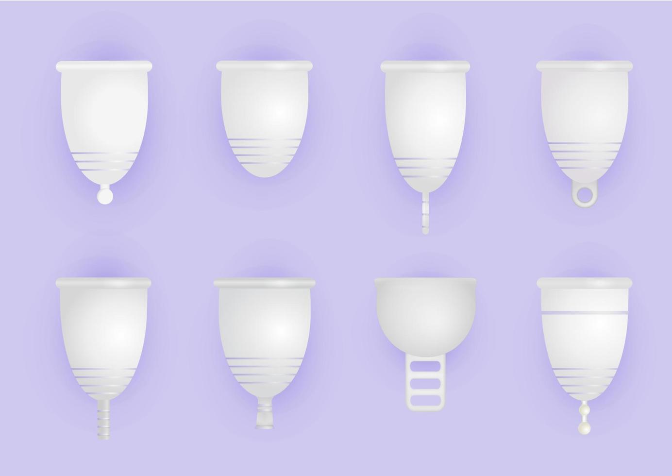 conjunto de diferentes copos menstruais de silicone. produto íntimo ecológico e lavável. zero desperdício de suprimentos para higiene pessoal. conceito sem plástico. Ilustração em vetor 3D realista de higiene da mulher.