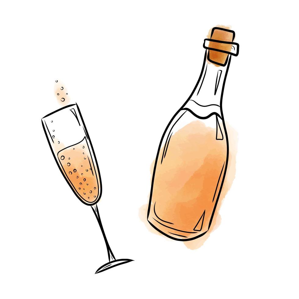 ilustração vetorial com uma garrafa e um copo de vinho branco em estilo aquarela. ilustração vetorial com bebidas, para embalagens, bares, cafés, menus. vetor