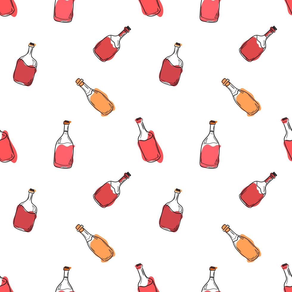 padrão vetorial com garrafas de vinho tinto e branco em um fundo branco, álcool em uma garrafa de vidro, ilustração para embalagens, cafés, bares, produtos. vetor