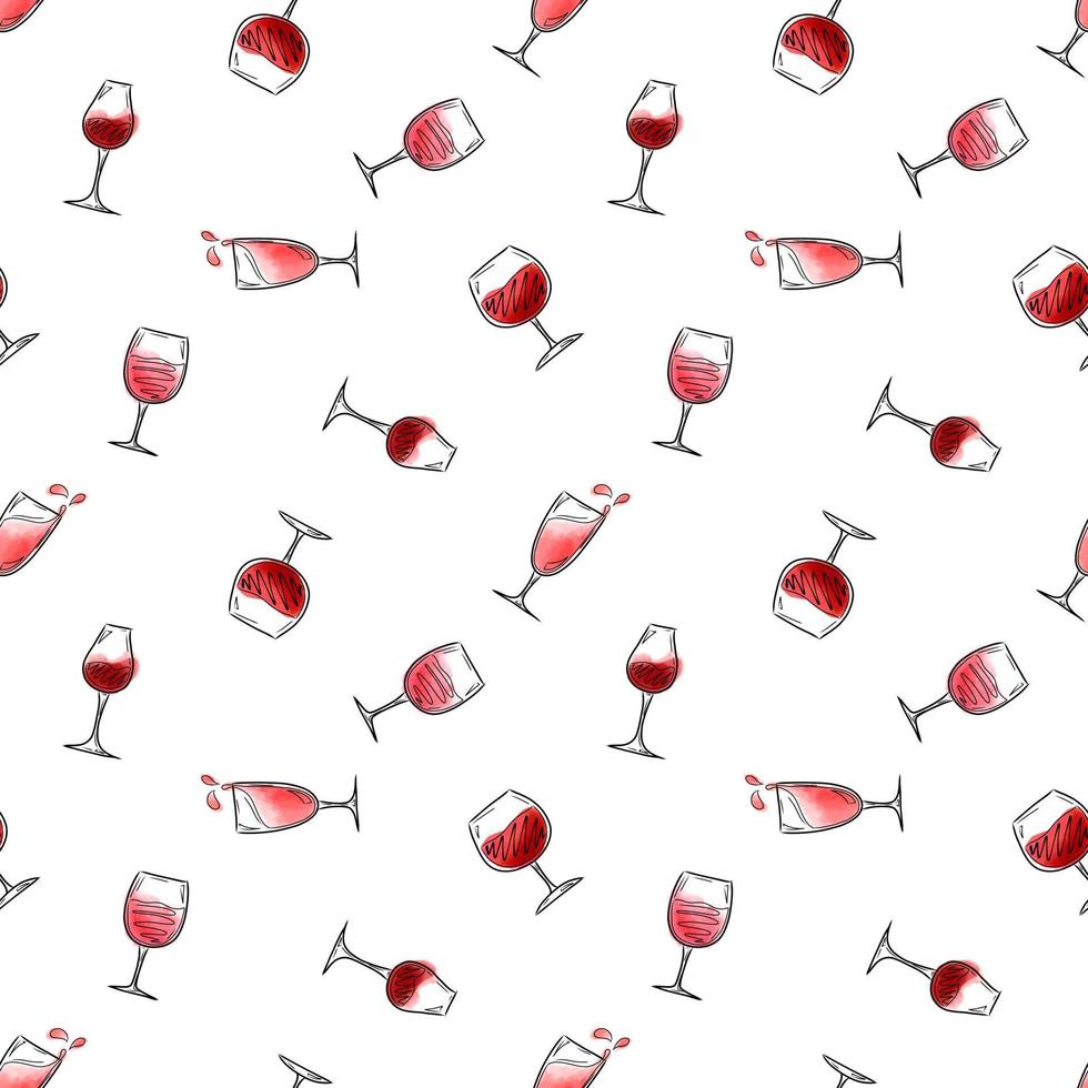 padrão vetorial com copos de vinho tinto e branco em um fundo branco, álcool, ilustração para embalagens, cafés, bares, produtos. vetor
