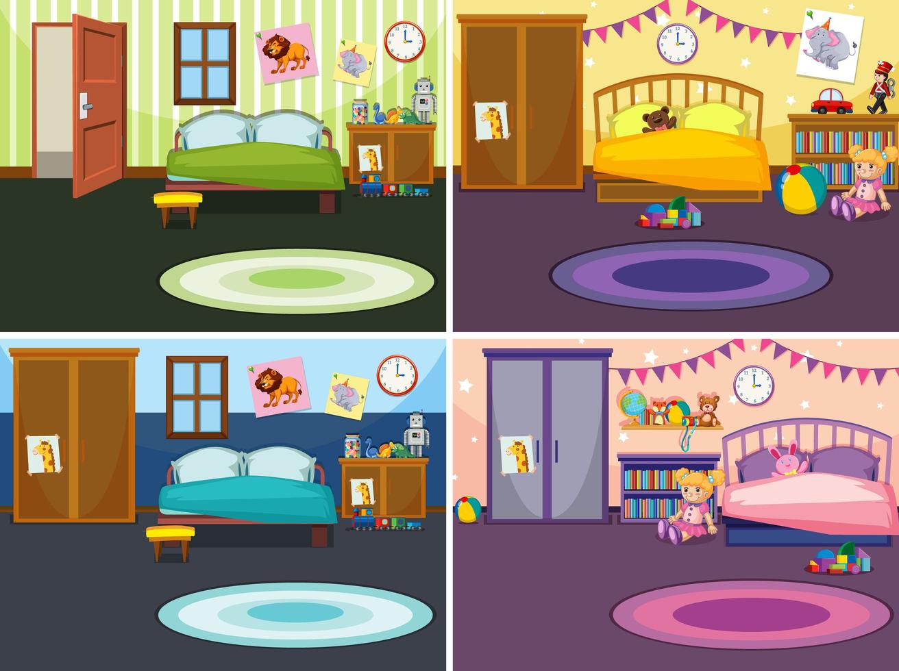 quatro cenas de quartos de crianças vetor