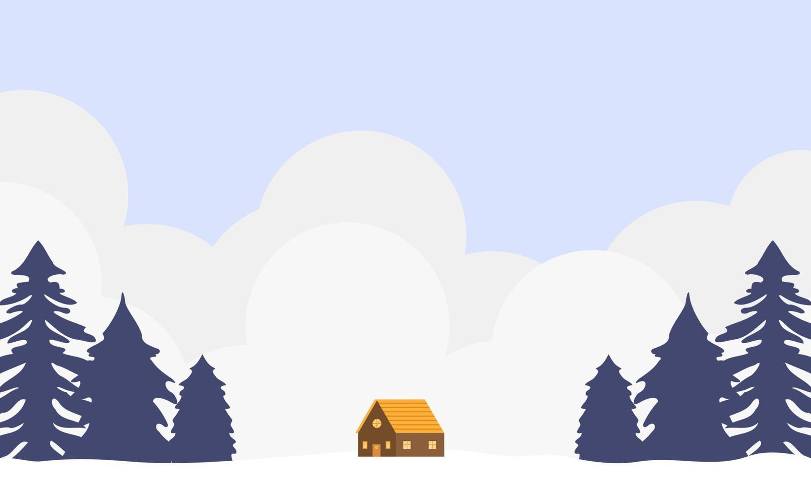 ilustração de paisagem de inverno com pinheiros, nuvens e casa. papel de parede de inverno com design de estilo simples. ilustração de inverno com estilo cartoon. Olá inverno. vetor