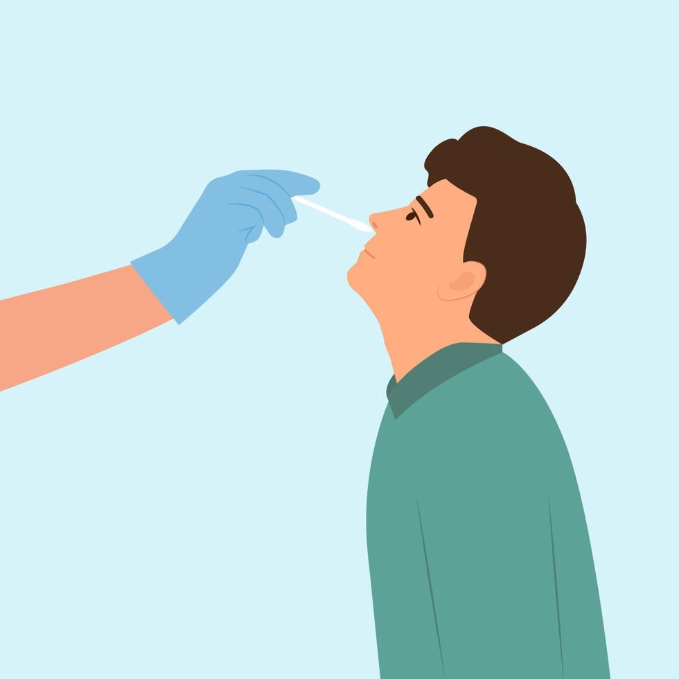 homem recebendo um teste de coronavírus ou dna covid19 pela equipe médica, teste médico ou enfermeiro.pcr, verificação de gripe, diagnóstico de teste laboratorial de swab nasal da gripe. ilustração vetorial plana. vetor