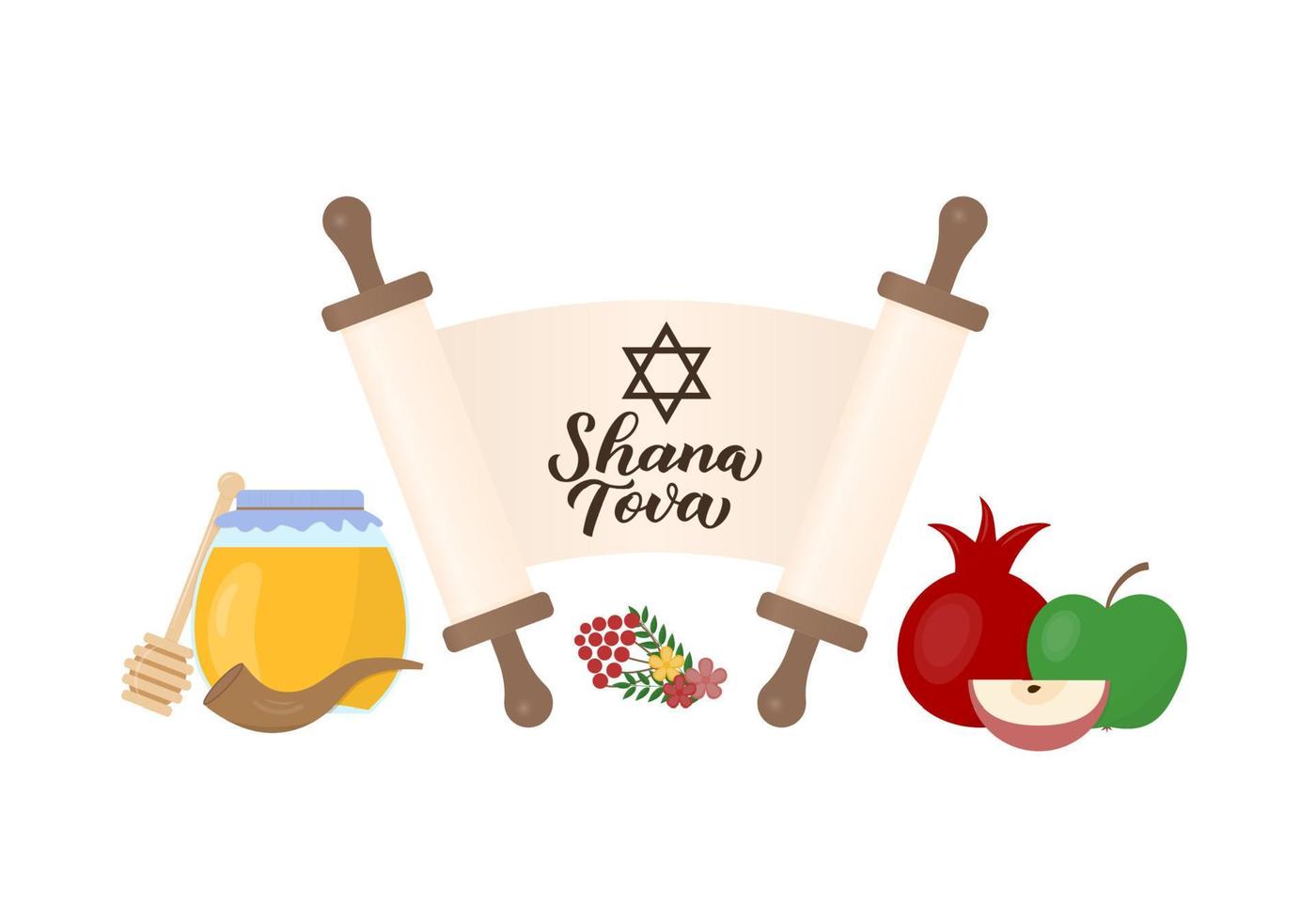 Letras de mão de caligrafia shana tova com símbolos tradicionais de ano novo judaico de rosh hashaná. modelo de vetor fácil de editar