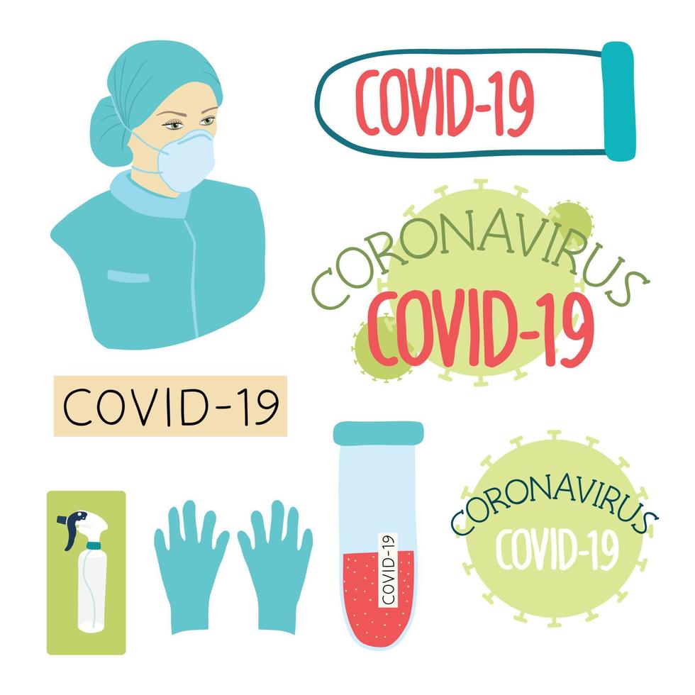 médico em uma máscara médica. ícone com coronavírus definido para design de saúde. infecção por coronavírus covid, covid 19. ilustração médica. conjunto de ilustrações vetoriais isoladas. vetor