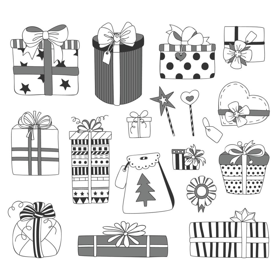 coleção de caixas de presente de natal de esboço de doodle vetor