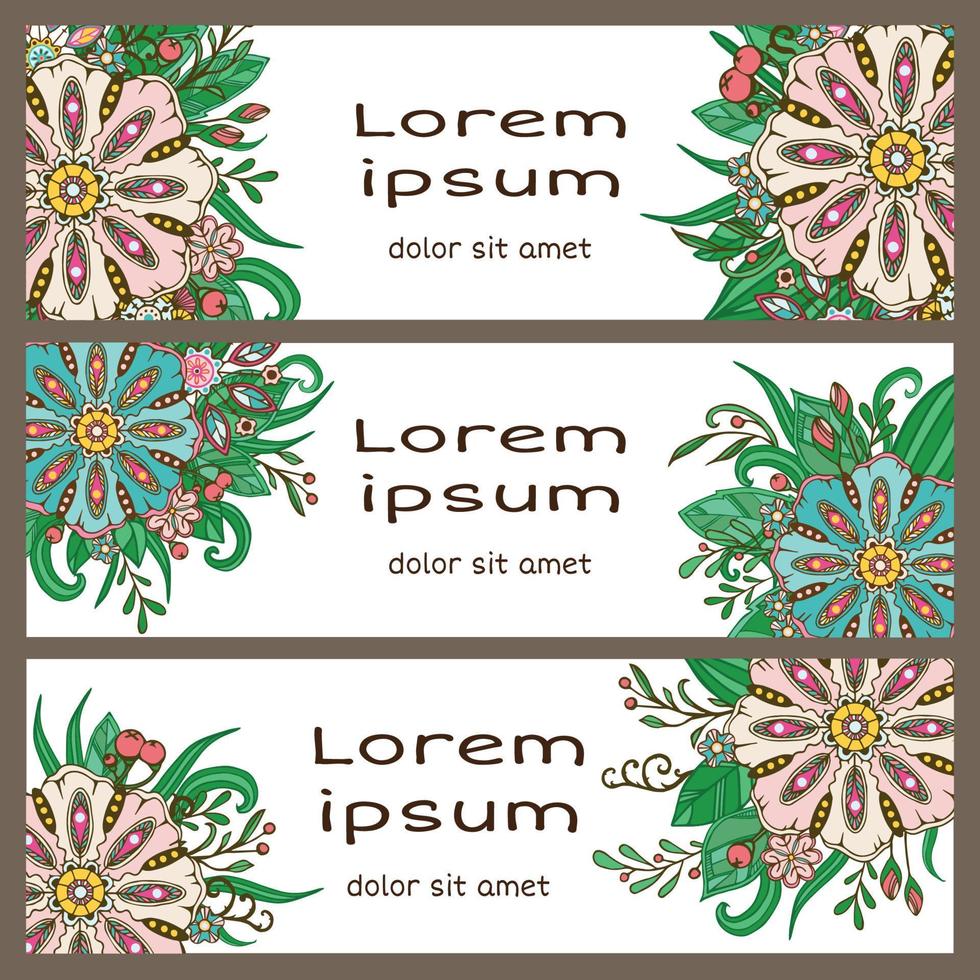 banners com flores decorativas coloridas. ilustração vetorial. vetor