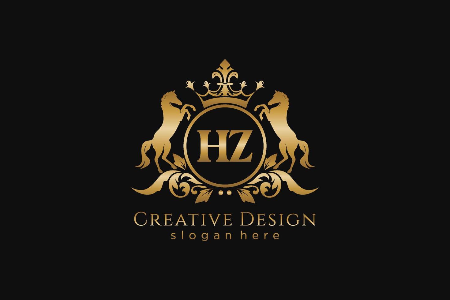 crista dourada retrô inicial hz com círculo e dois cavalos, modelo de crachá com pergaminhos e coroa real - perfeito para projetos de marca luxuosos vetor