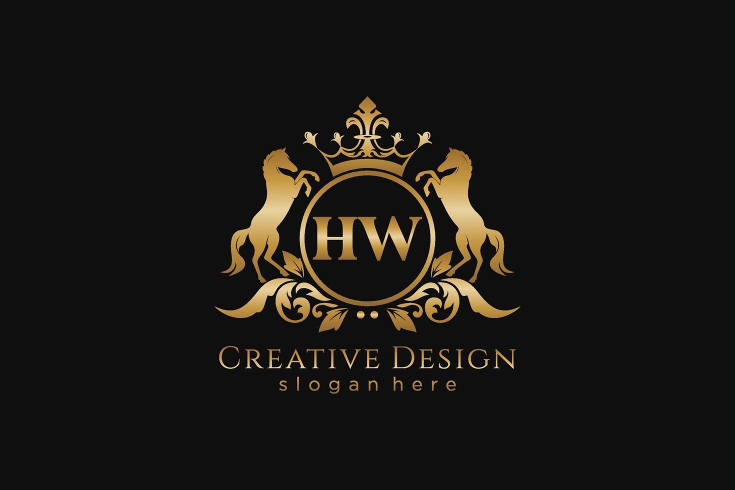 crista dourada retrô inicial hw com círculo e dois cavalos, modelo de crachá com pergaminhos e coroa real - perfeito para projetos de marca luxuosos vetor