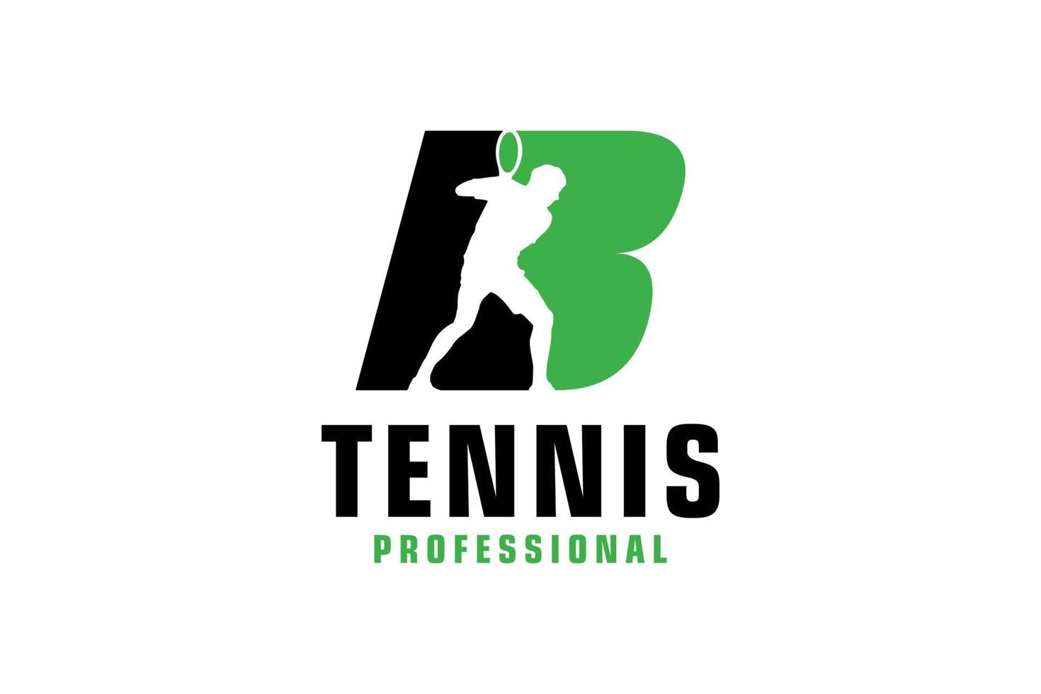 letra b com design de logotipo de silhueta de jogador de tênis. elementos de modelo de design vetorial para equipe esportiva ou identidade corporativa. vetor