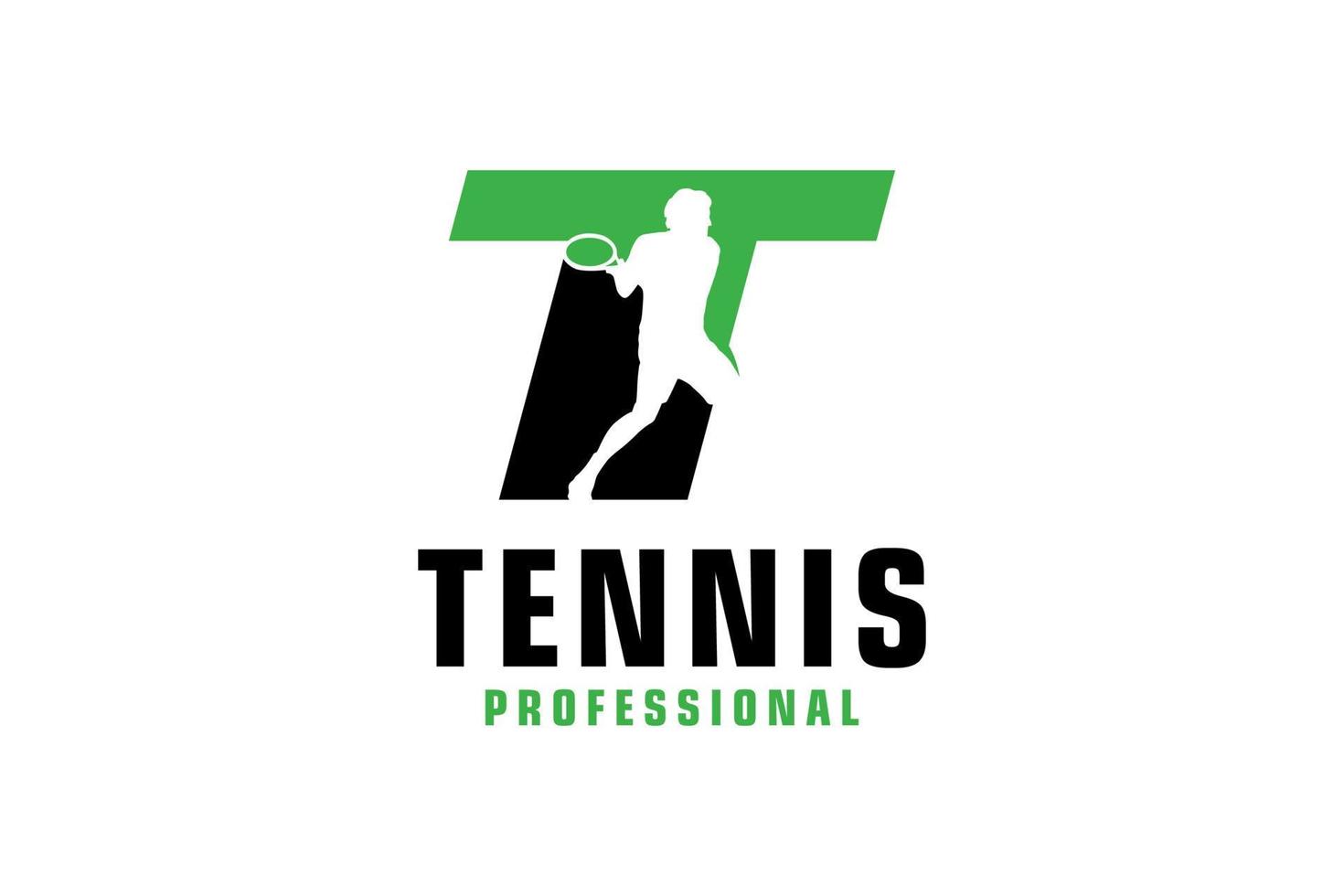 letra t com design de logotipo de silhueta de jogador de tênis. elementos de modelo de design vetorial para equipe esportiva ou identidade corporativa. vetor