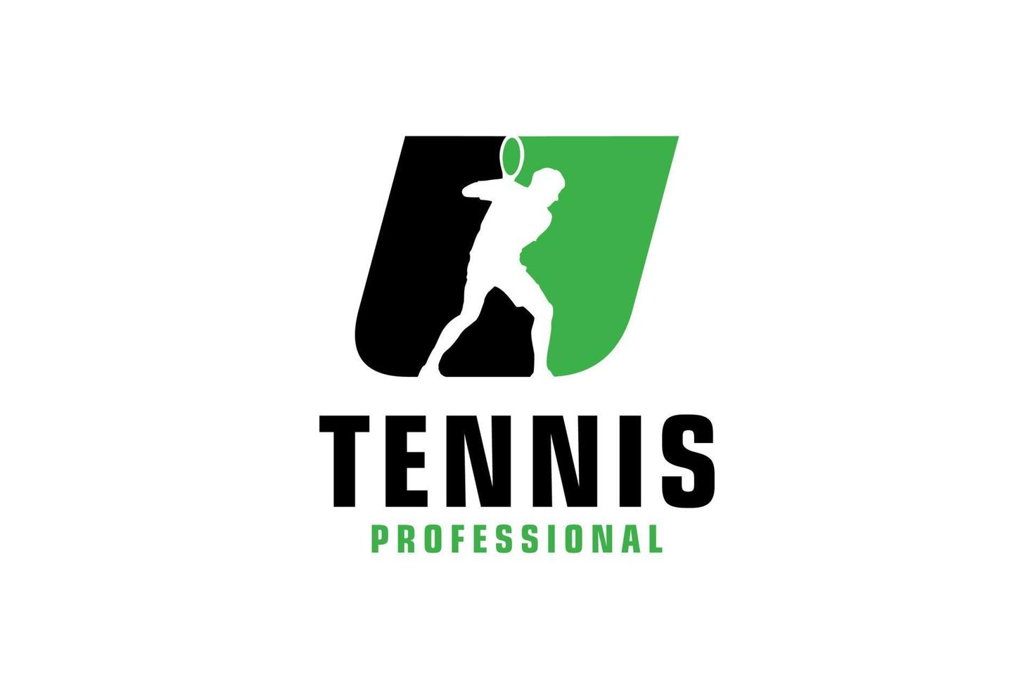 letra u com design de logotipo de silhueta de jogador de tênis. elementos de modelo de design vetorial para equipe esportiva ou identidade corporativa. vetor