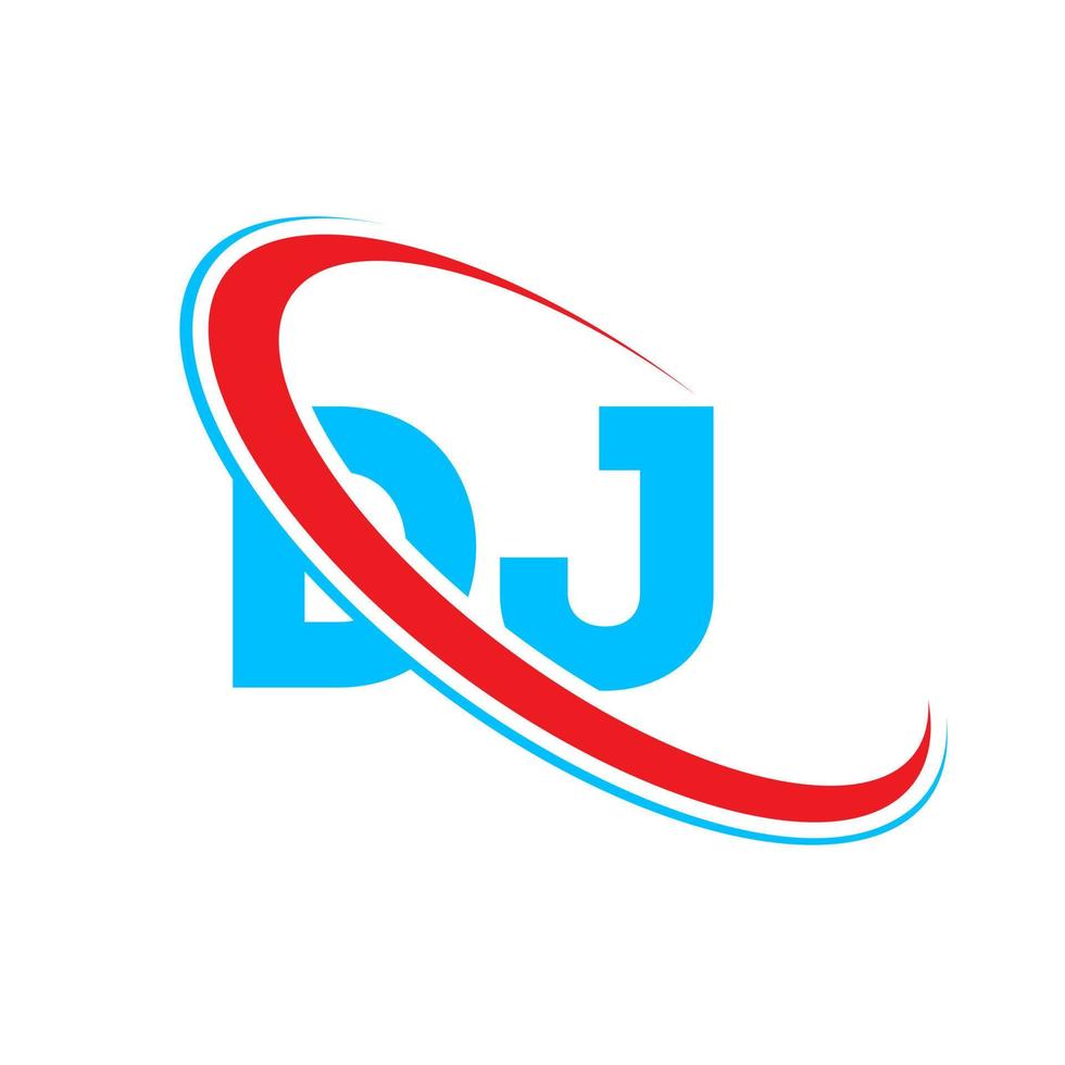 logotipo do dj. projeto de dj. carta de dj azul e vermelha. design de logotipo de letra dj. letra inicial dj vinculou o logotipo do monograma em maiúsculas do círculo. vetor