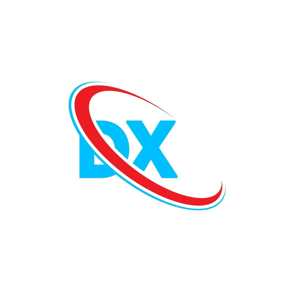 logotipo dx. projeto dx. letra dx azul e vermelha. design de logotipo de letra dx. letra inicial dx vinculado ao logotipo do monograma maiúsculo do círculo. vetor