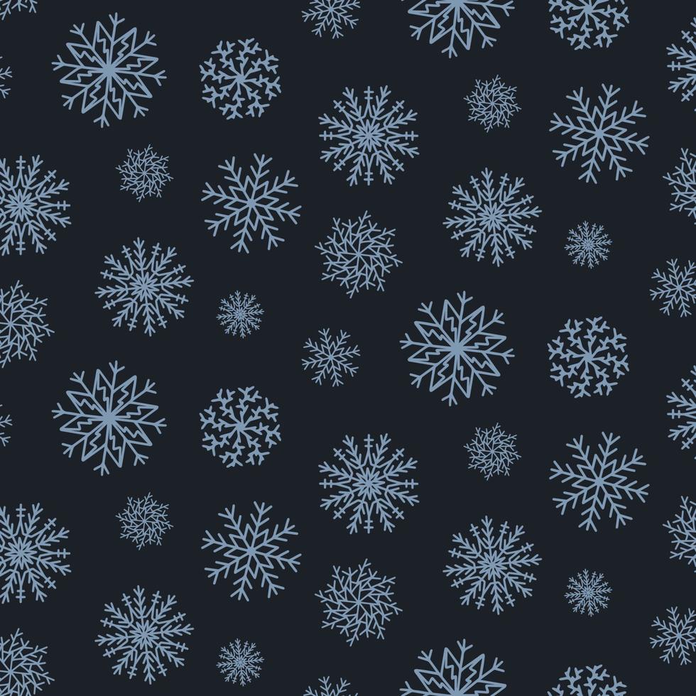 bonito padrão sem emenda de Natal com flocos de neve isolados em fundo escuro. feliz ano novo papel de parede e invólucro para design sazonal, têxtil, decoração, cartão de felicitações. impressões desenhadas à mão e doodle. vetor