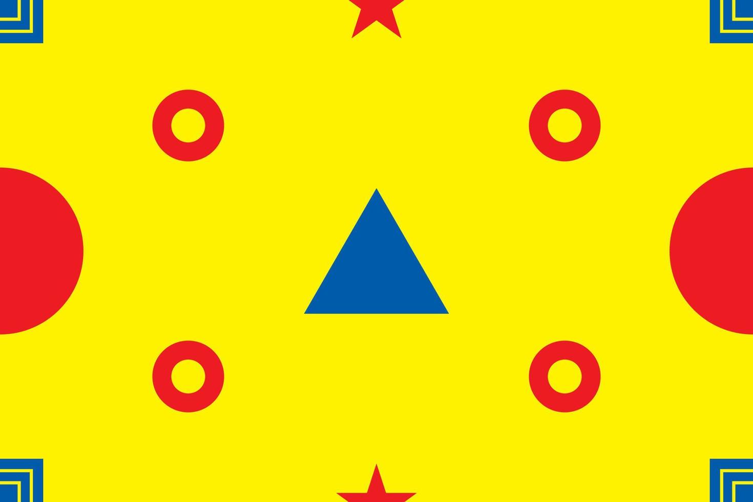 sem costura padrão com fundo de cores primárias, azul, vermelho e amarelo com forma geométrica redonda, quadrada e estrela. ilustração vetorial. vetor