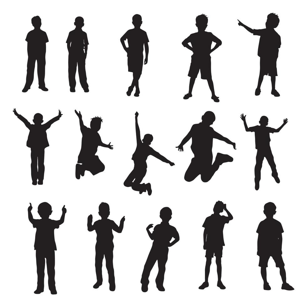 silhuetas de menino definidas em diferentes movimentos, coleção de silhueta de crianças em poses diferentes. vetor