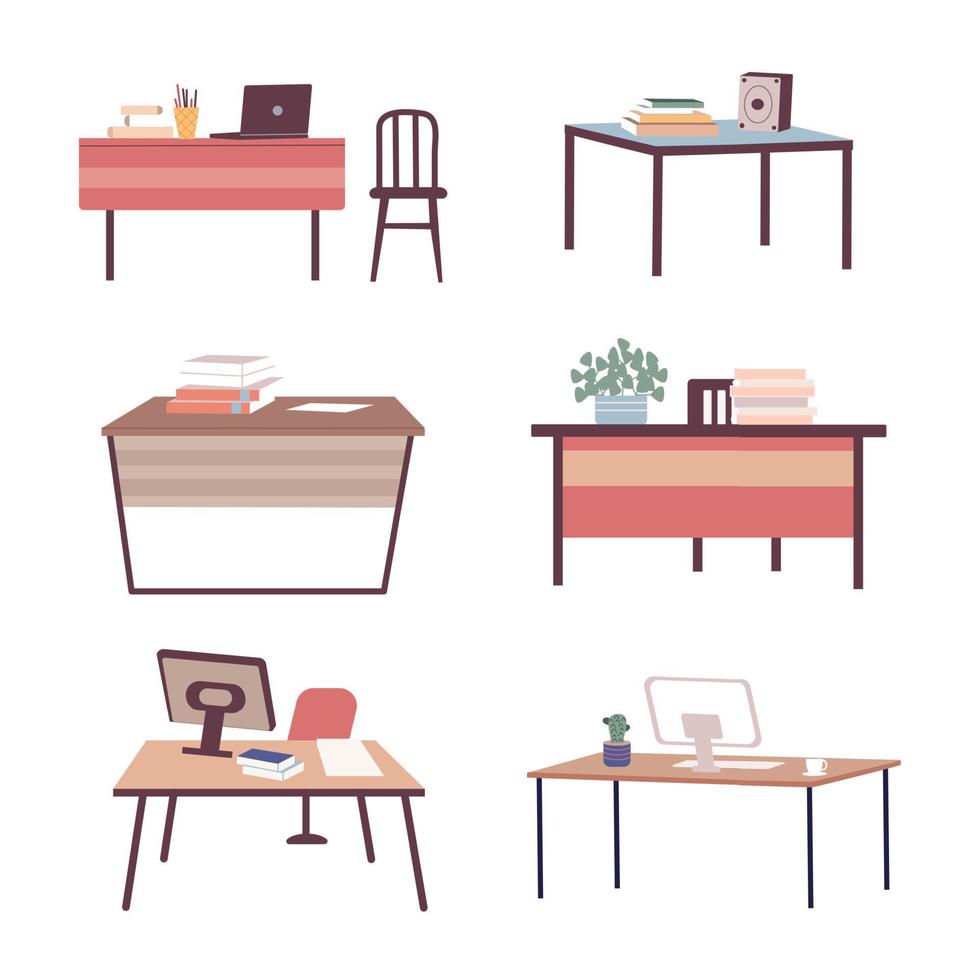 conjunto de mesas de escritório e mesas de estudo. vetor