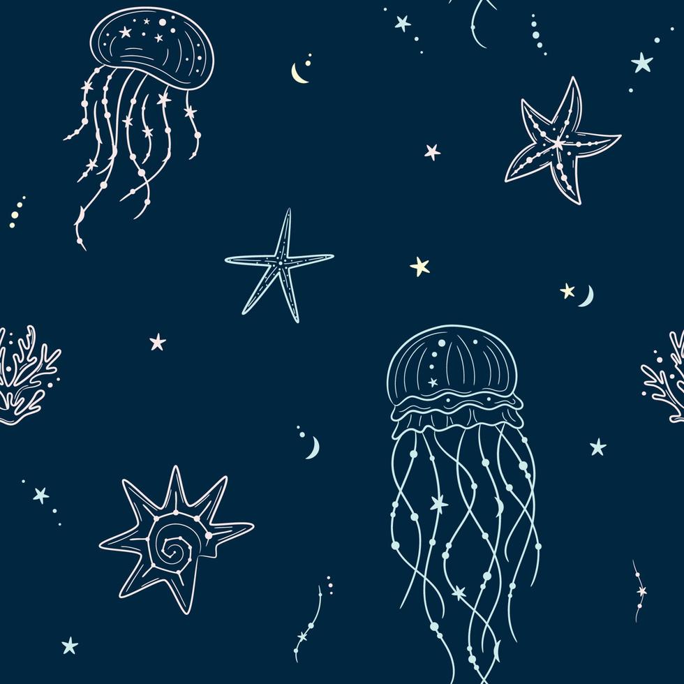 sem costura padrão com conchas, águas-vivas e estrelas do mar. fundo azul escuro marinho. para impressão, tecido, têxtil, fabricação, papéis de parede. sob o mar vetor