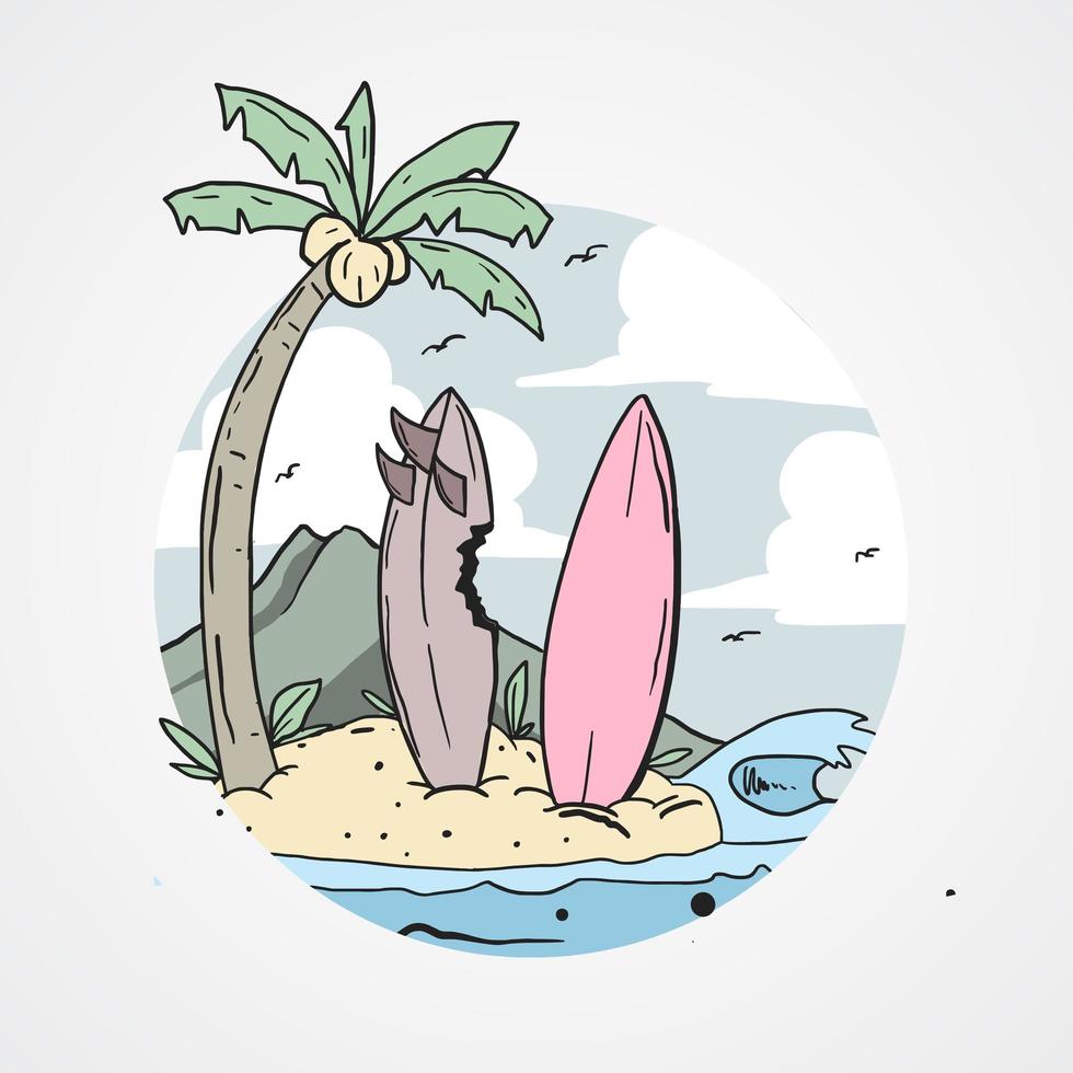 design de verão com pranchas de surf na praia vetor