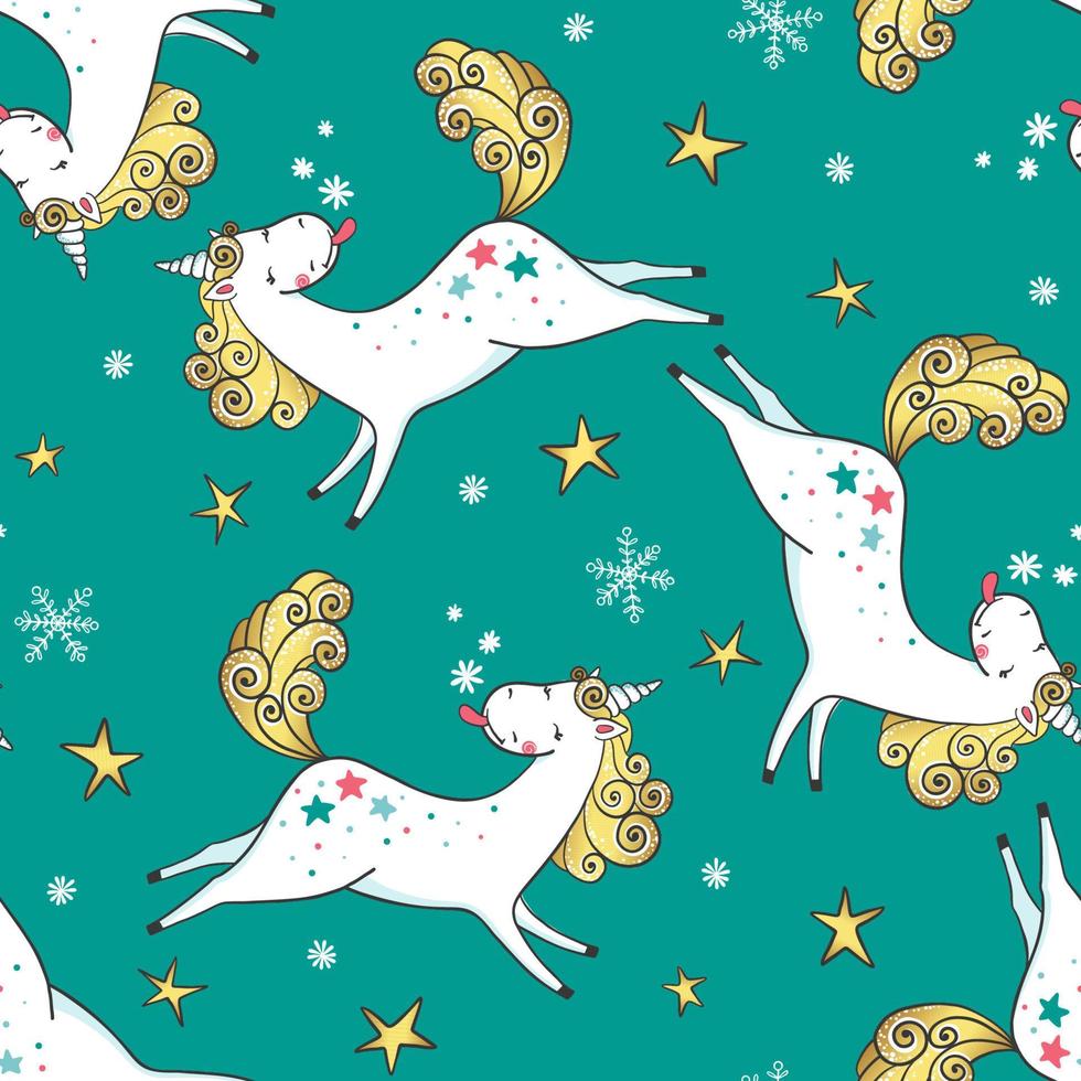 mão desenhada sem costura padrão com unicórnios, flocos de neve e estrelas. animal de fantasia bonito dos desenhos animados mágicos. símbolo de sonho. design para têxteis, embalagens ou crianças, interior do quarto do bebê. ilustração vetorial. vetor