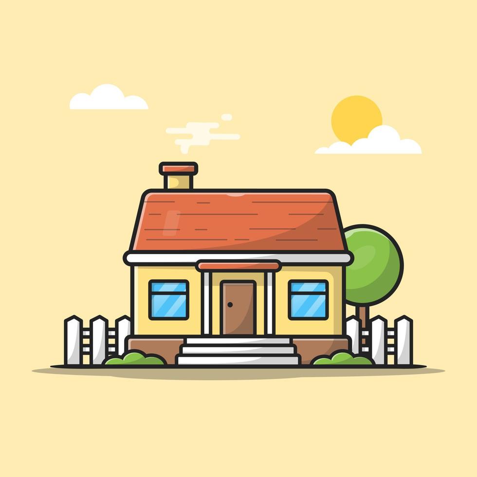 casa com ilustração de ícone de vetor dos desenhos animados por do sol. ountdoor edifício ícone conceito isolado vetor premium. estilo de desenho animado plano