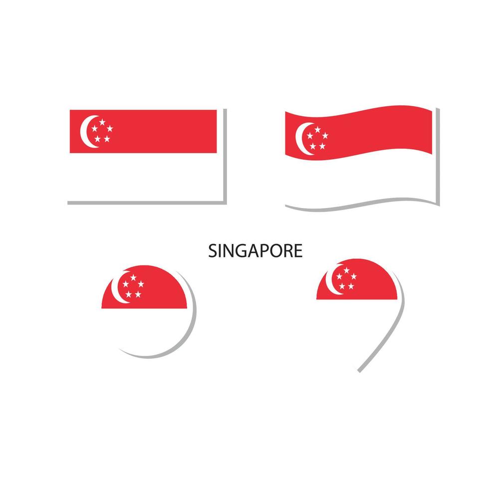 conjunto de ícones do logotipo da bandeira de singapura, ícones planos retângulo, forma circular, marcador com bandeiras. vetor