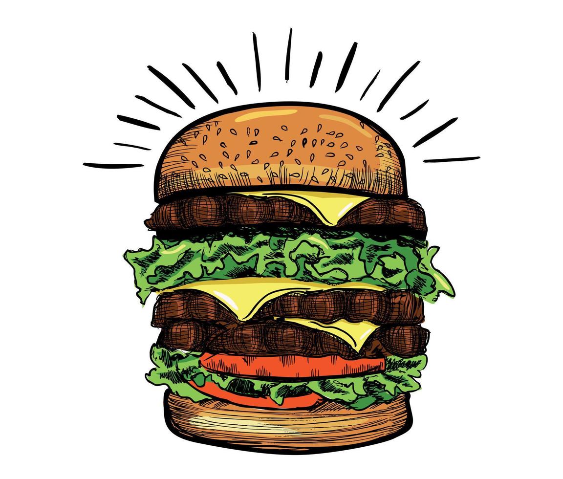 hambúrguer desenhado à mão de vetor em fundo branco