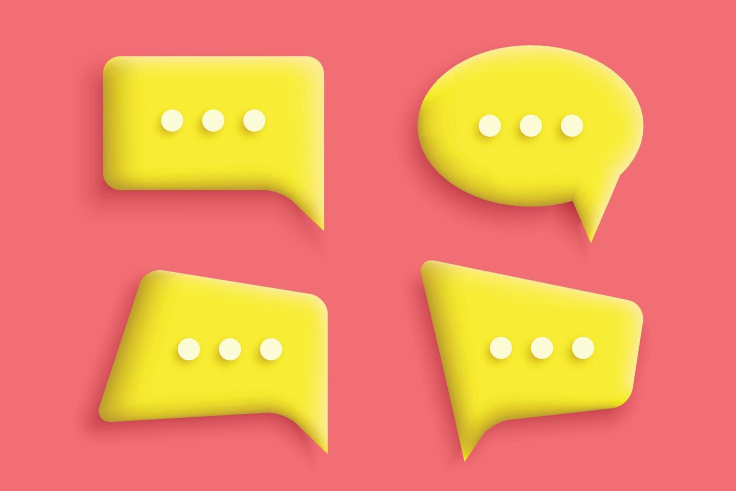 conjunto de ícones de bate-papo de bolha de fala amarela 3d cartaz de coleção e vetor de banner de conceito de adesivo