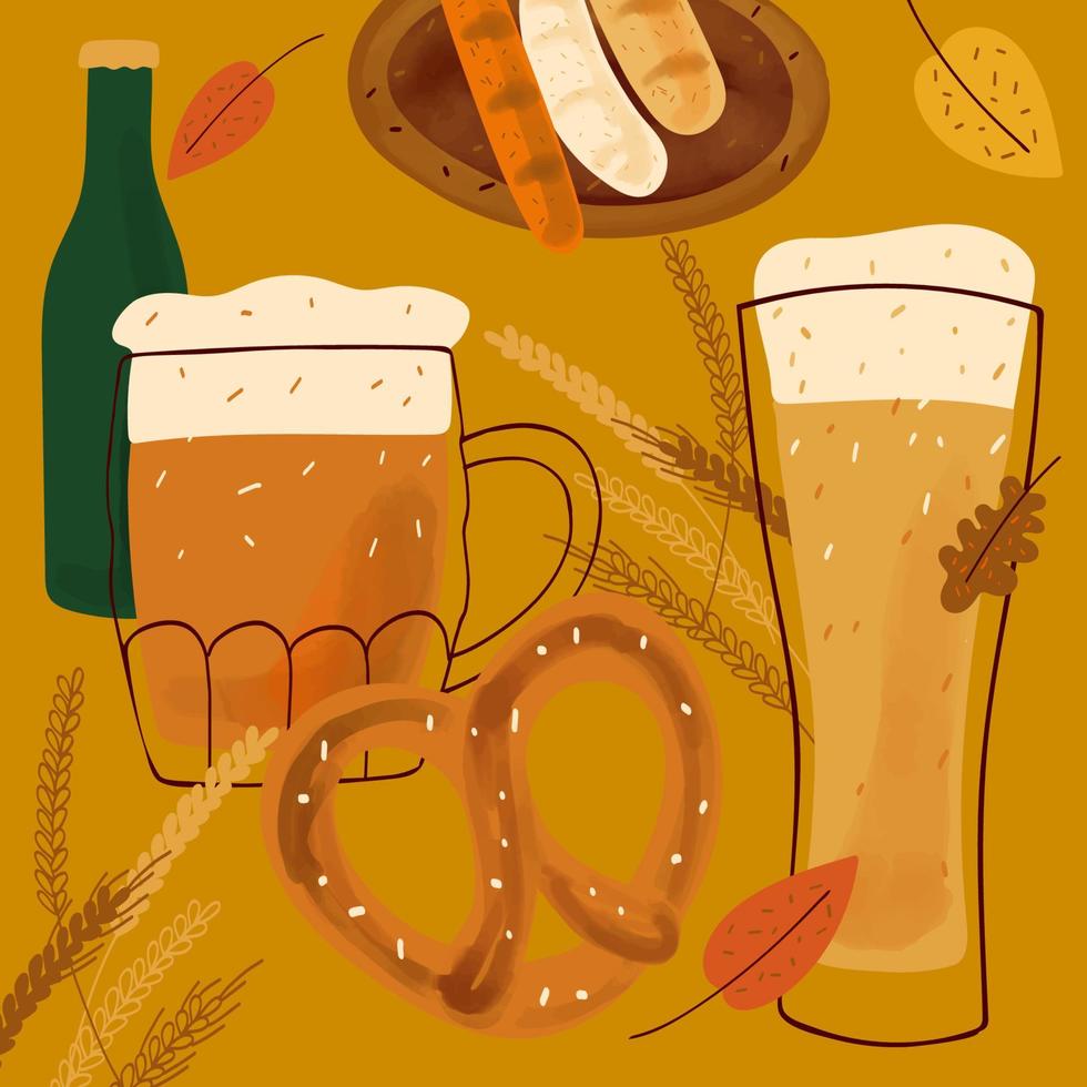 design de cartão com canecas de ilustração estilizada de cerveja, lanche pretzel e salsicha grelhada em fundo amarelo vetor