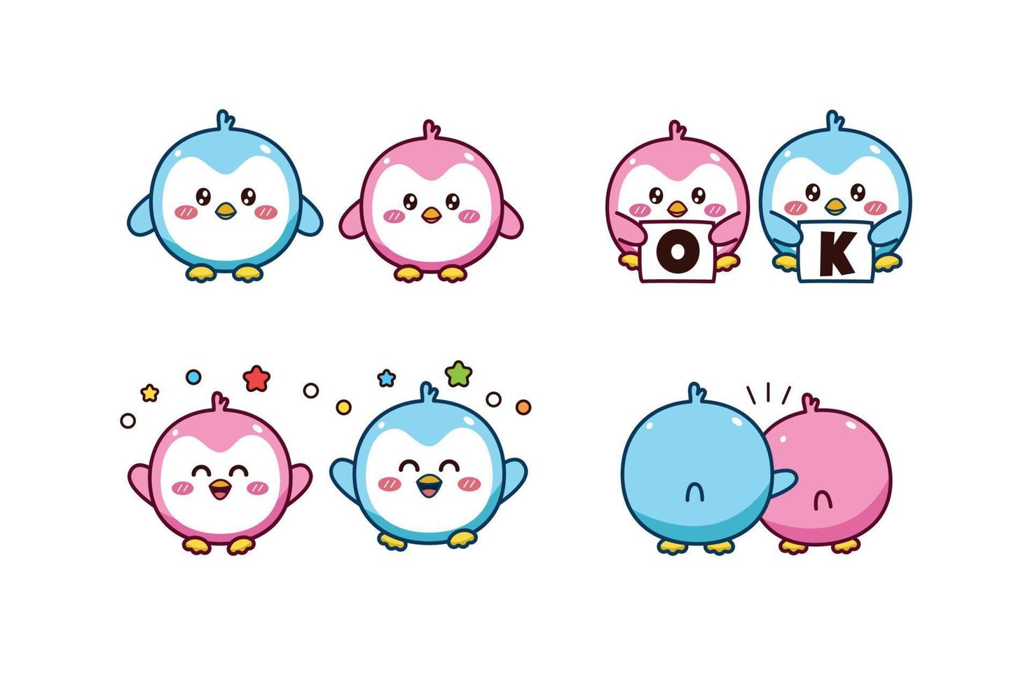 conjunto de casal kawaii fofo pinguim azul e rosa para adesivo de mídia social emoji diga ok feliz e abrace o emoticon vetor