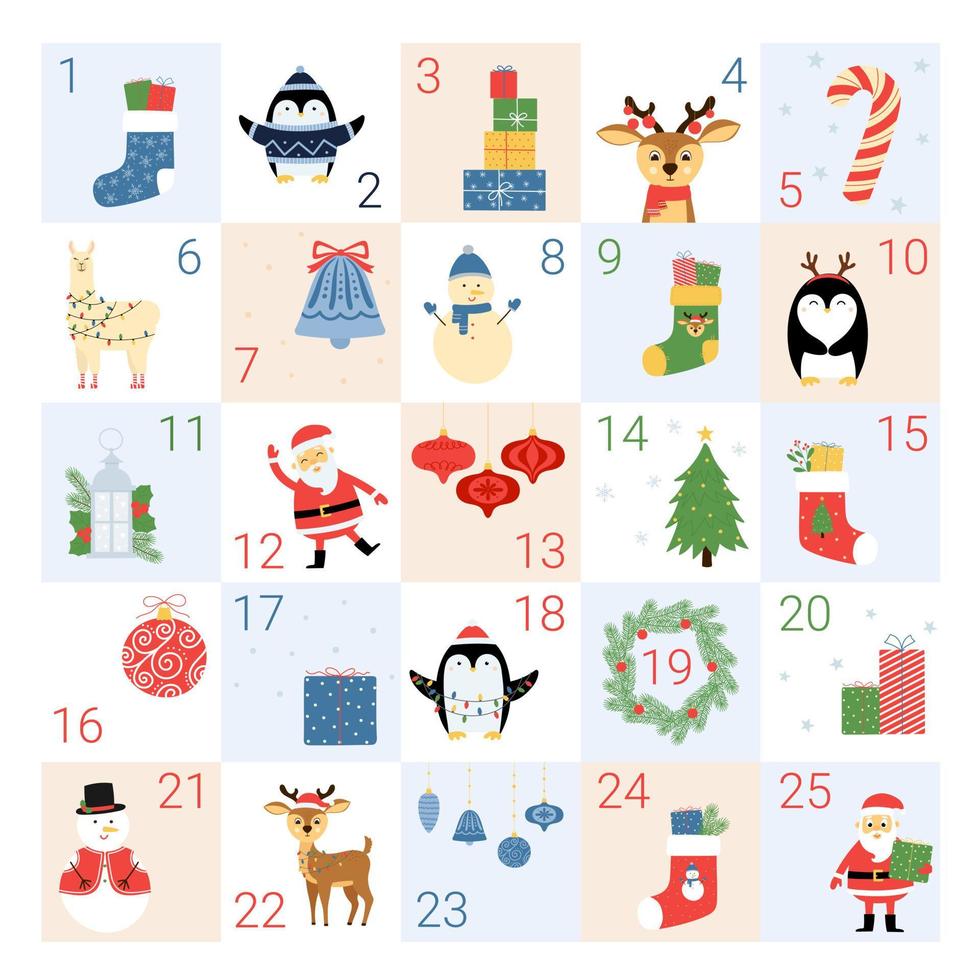 calendário do advento com 25 dias ilustrados. elementos decorativos de natal e personagens fofinhos. contagem regressiva de natal. vetor