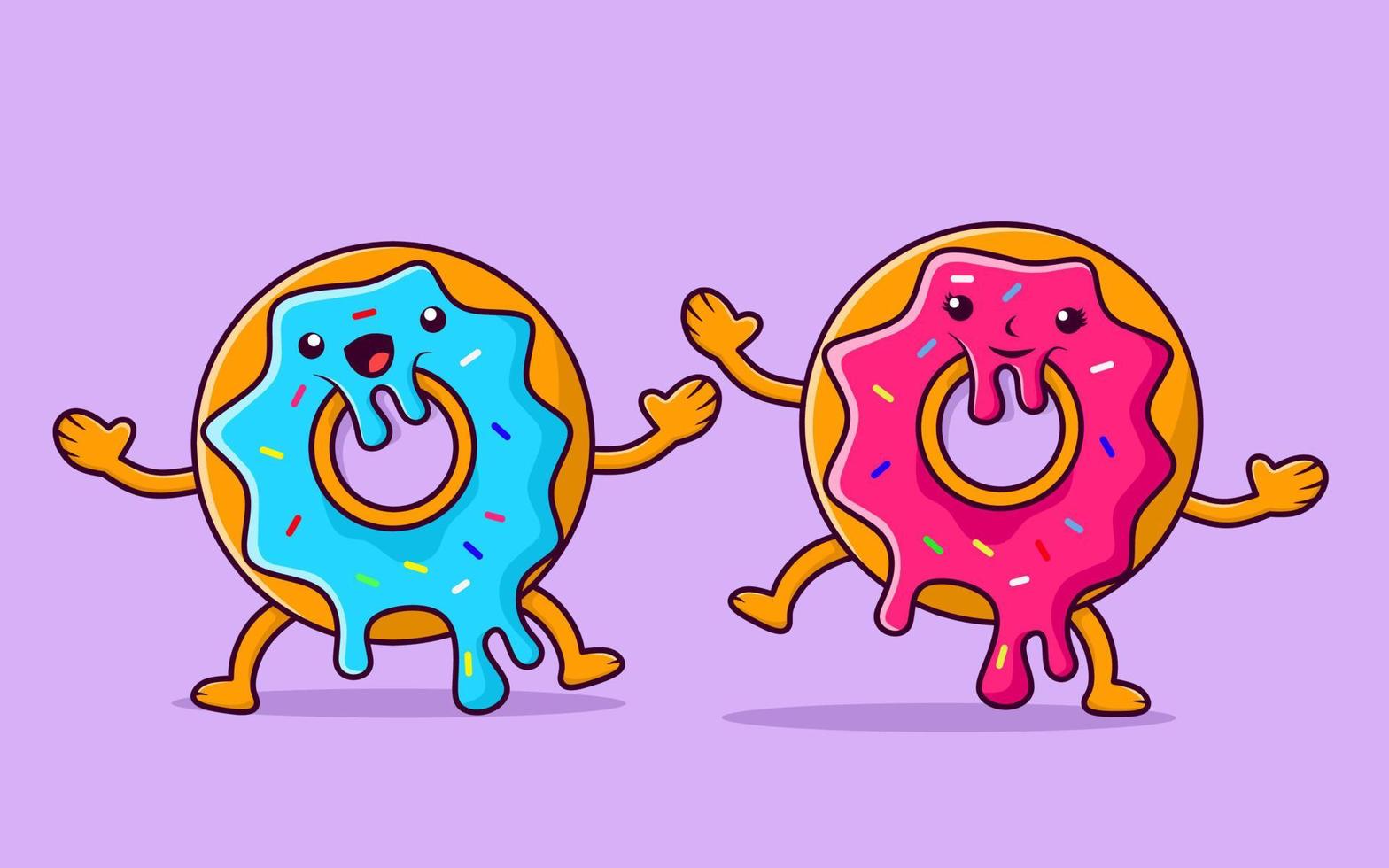ilustração vetorial de rosquinhas. rosquinhas dançantes. um par de donuts fofos, menino e menina dançando juntos. vetor