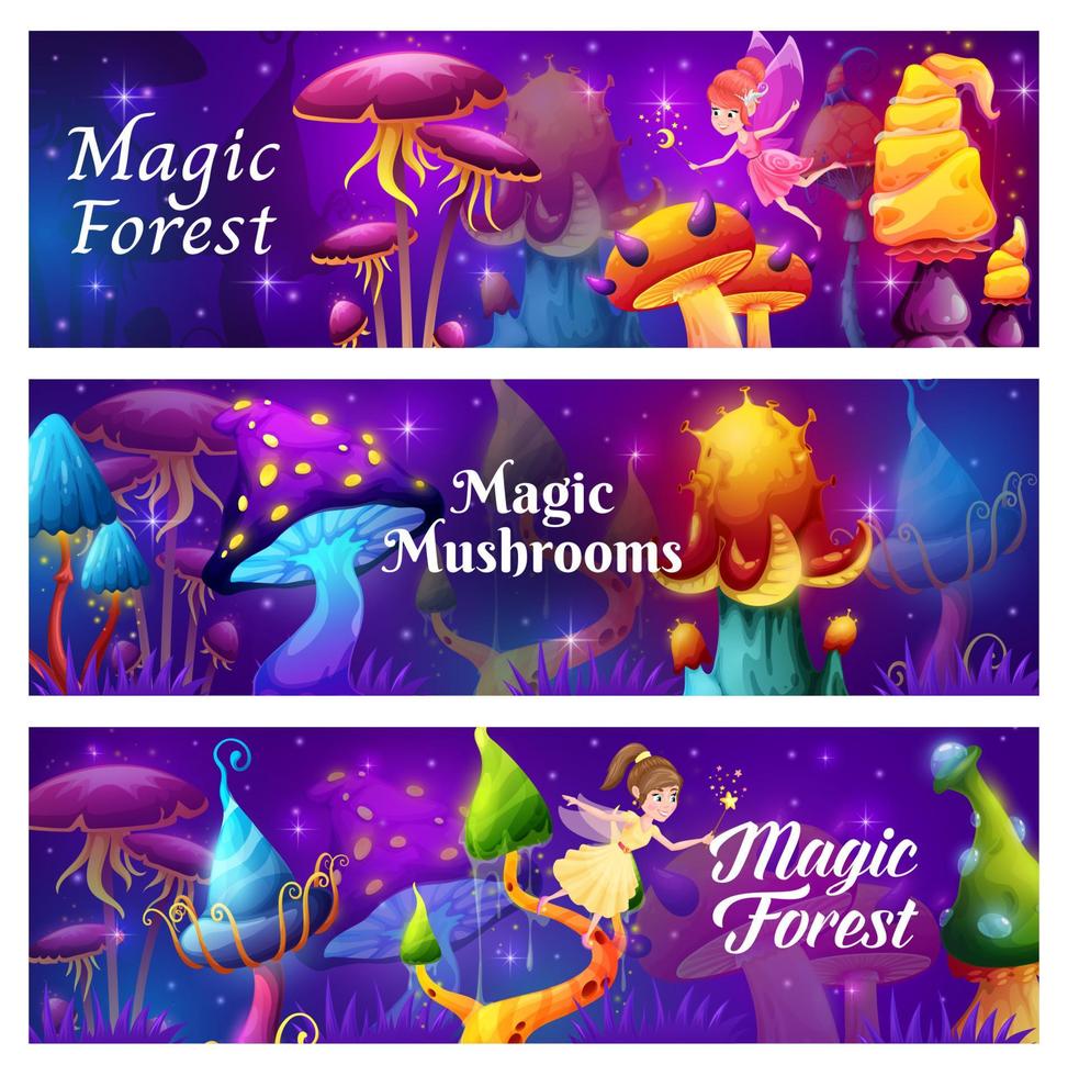 cogumelos mágicos luminosos na floresta de conto de fadas vetor