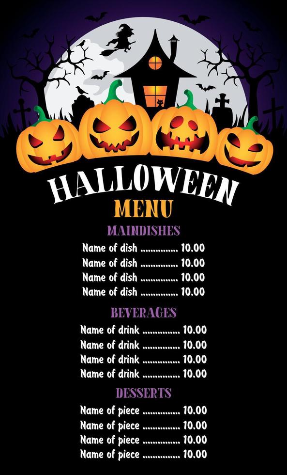 fundo de menu de halloween com abóboras engraçadas e casa de bruxa vetor