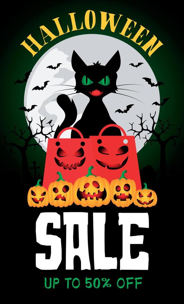 cartaz de desconto de 50 por cento de venda de halloween com gato engraçado, abóboras e pacotes vetor