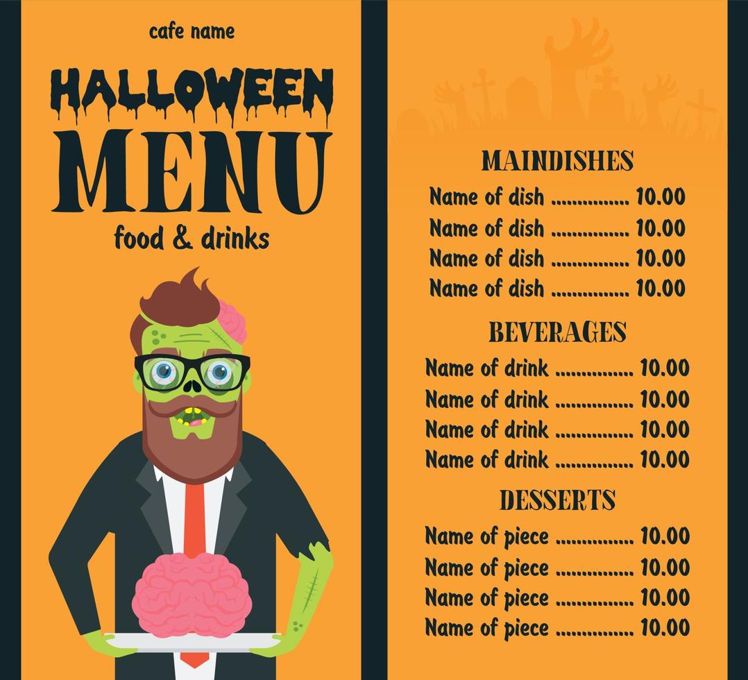 menu de halloween comida e bebidas design plano com zumbi vetor