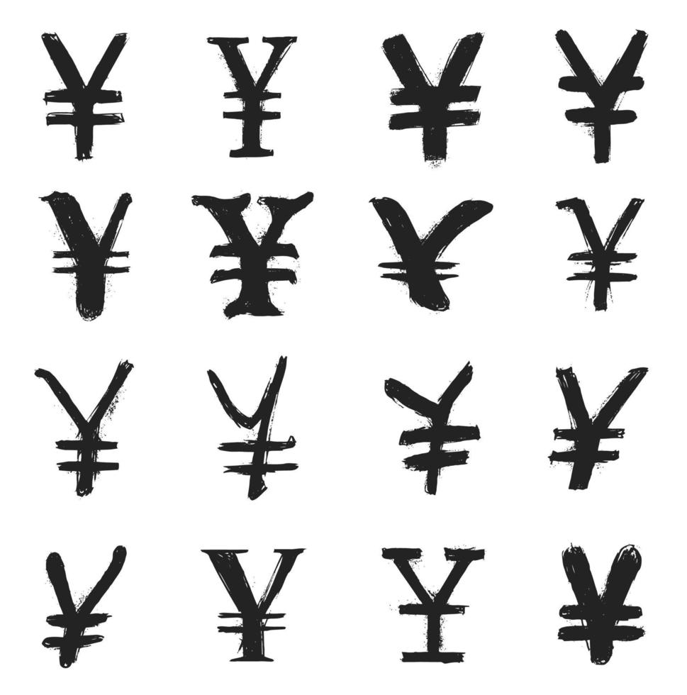 conjunto de símbolos de moeda iene com estilo desenhado à mão vetor