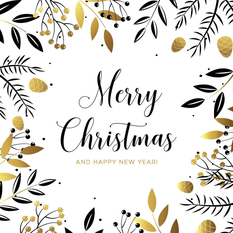 feliz natal e feliz ano novo cartão com bagas pretas e douradas, folhas, galhos de pinheiro e pinhas vetor