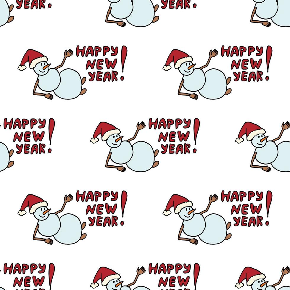 padrão sem emenda com boneco de neve com texto feliz ano novo sobre fundo branco. imagem vetorial. vetor