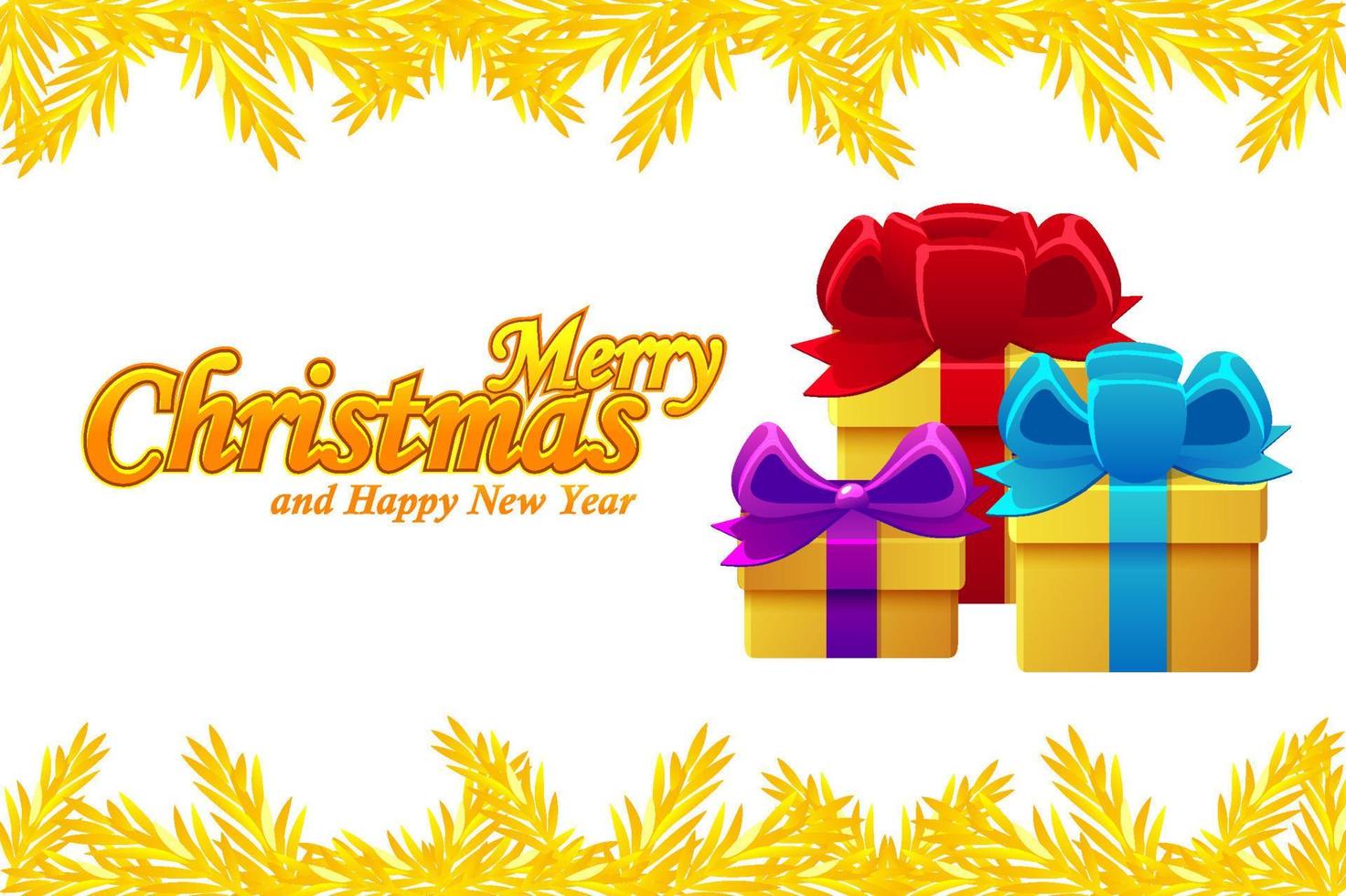 cartão com feliz natal ou feliz ano novo presentes. cartão de ilustração vetorial com uma árvore de natal dourada. vetor