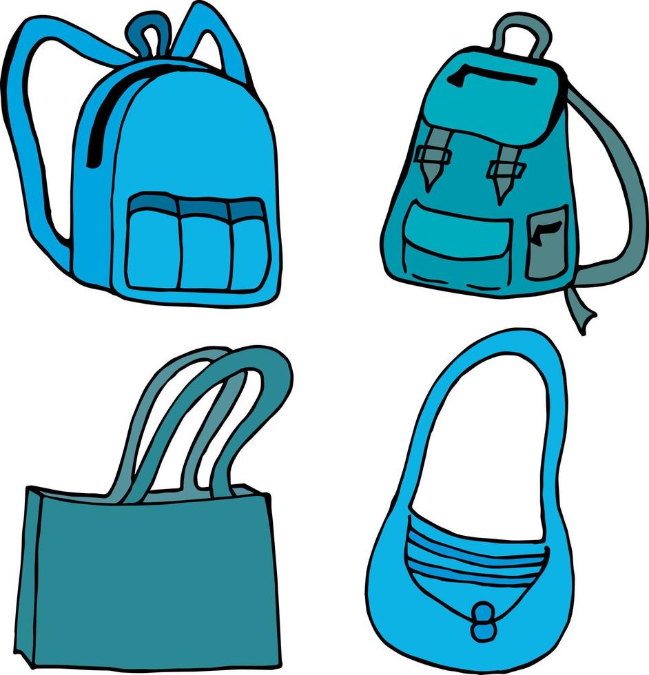 mochilas azuis e bolsas em fundo branco. estilo doodle. imagem vetorial. vetor