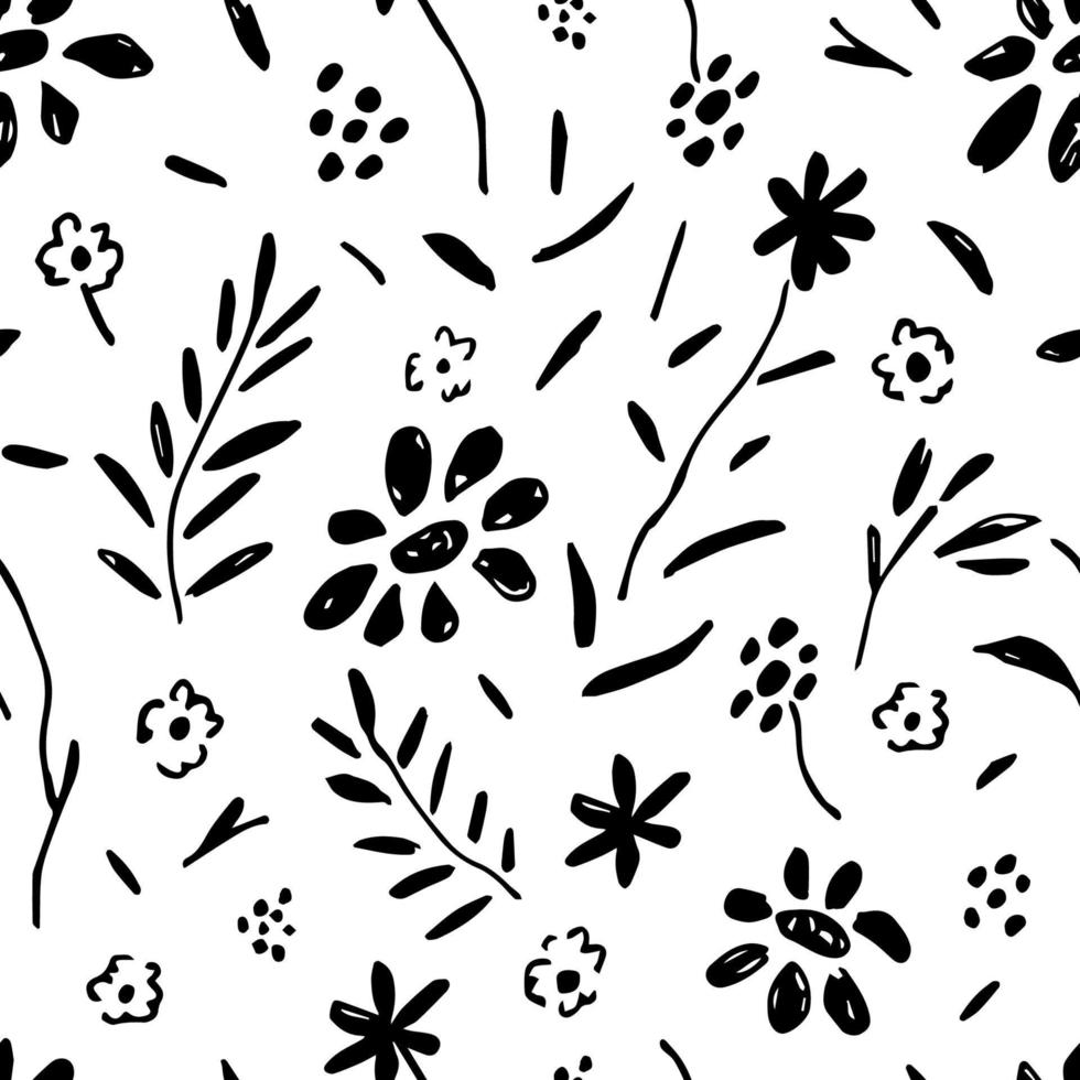 padrão sem emenda de vetor floral simples desenhados à mão. flores pretas, folhas, galhos em um fundo branco. para estampas de tecidos, embalagens, produtos têxteis.