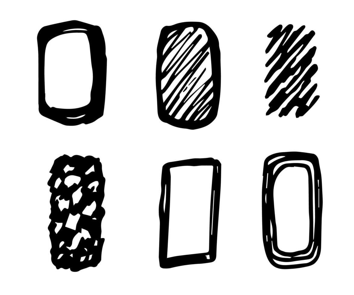 esboço de doodle de vetor preto e branco simples desenhado à mão. retângulos abstratos de diferentes formas, moldura vertical, traços, mosaico. para criar um padrão, decoração.